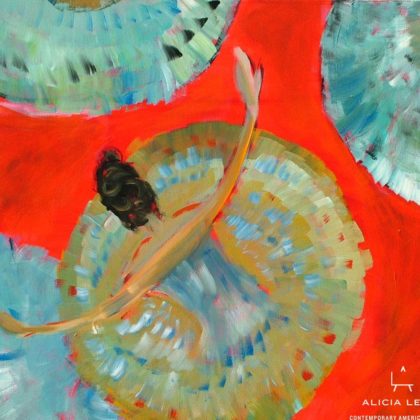 Allegro #1 unframed print of dancers with red background by contemporary American painter Alicia Leeke