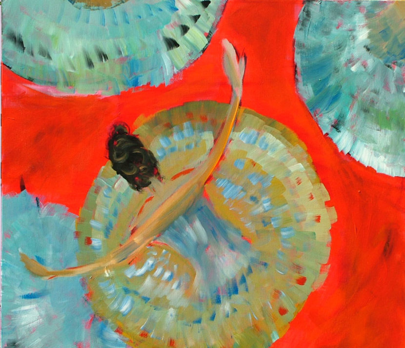 Allegro #1 unframed print of dancers with red background by contemporary American painter Alicia Leeke
