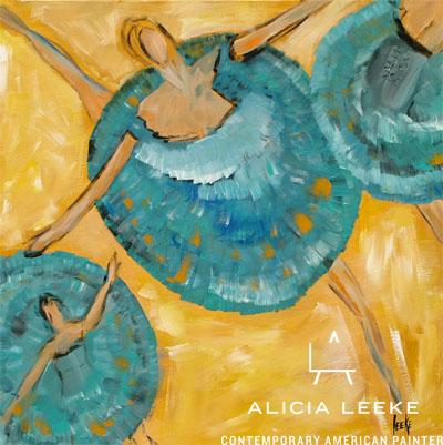 Prima Ballerina unframed print of ballerinas dressed in turquoise tutus on a gold background by contemporary American painter Alicia Leeke