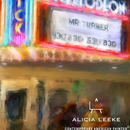 Digital mixed media of the Nickelodeon theater in downtown Columbia SC by contemporary American artist Alicia Leeke