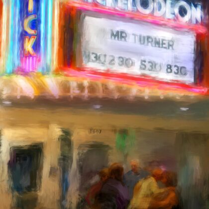 Digital mixed media of the Nickelodeon theater in downtown Columbia SC by contemporary American artist Alicia Leeke