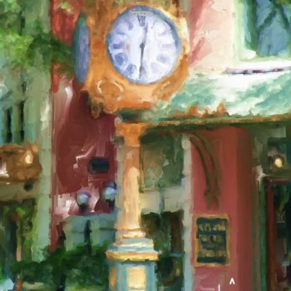 Impressionistic digital mixed media of a historic city clock in front of Sylvan's Jewelers in downtown Columbia SC by South Carolina artist Alicia Leeke