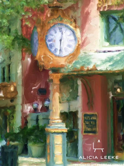 Impressionistic digital mixed media of a historic city clock in front of Sylvan's Jewelers in downtown Columbia SC by South Carolina artist Alicia Leeke