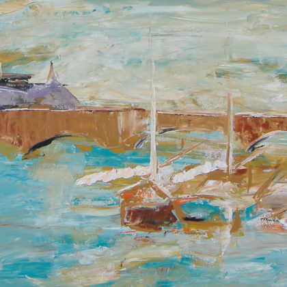 Amboise unframed abstract landscape with river and boats by contemporary American painter Alicia Leeke