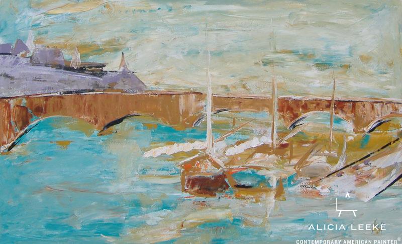 Amboise unframed abstract landscape with river and boats by contemporary American painter Alicia Leeke