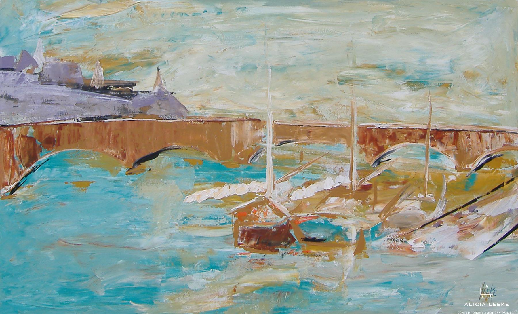 Amboise unframed abstract landscape with river and boats by contemporary American painter Alicia Leeke