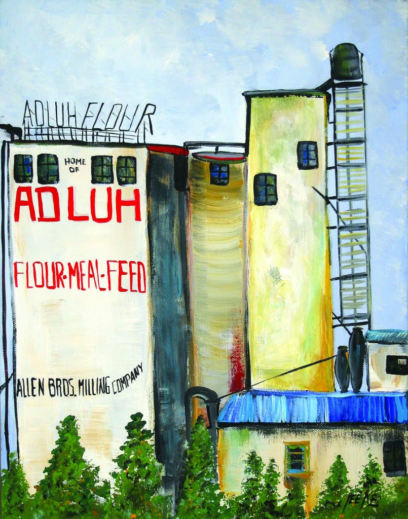 Unframed print of the Adluh Flour plant in downtown Columbia SC by South Carolina Artist Alicia Leeke
