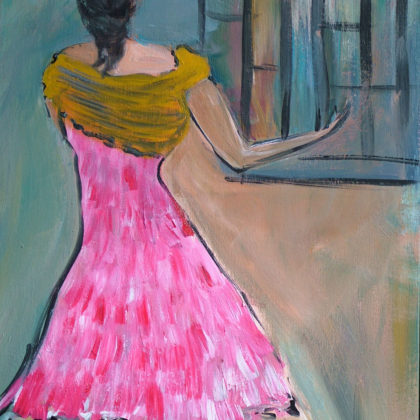 Unframed print of a woman in a bright pink dress for the cabaret by contemporary American painter Alicia Leeke.
