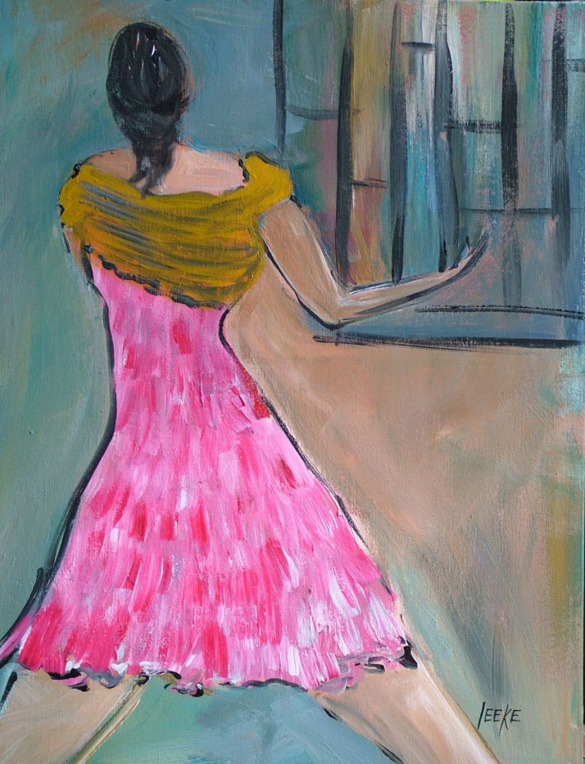 Unframed print of a woman in a bright pink dress for the cabaret by contemporary American painter Alicia Leeke.