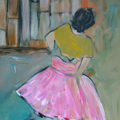 The Warm Up unframed print features a dancer in a pink costume by contemporary American painter Alicia Leeke