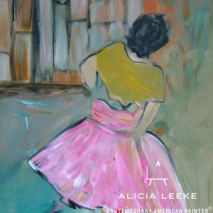 The Warm Up unframed print features a dancer in a pink costume by contemporary American painter Alicia Leeke