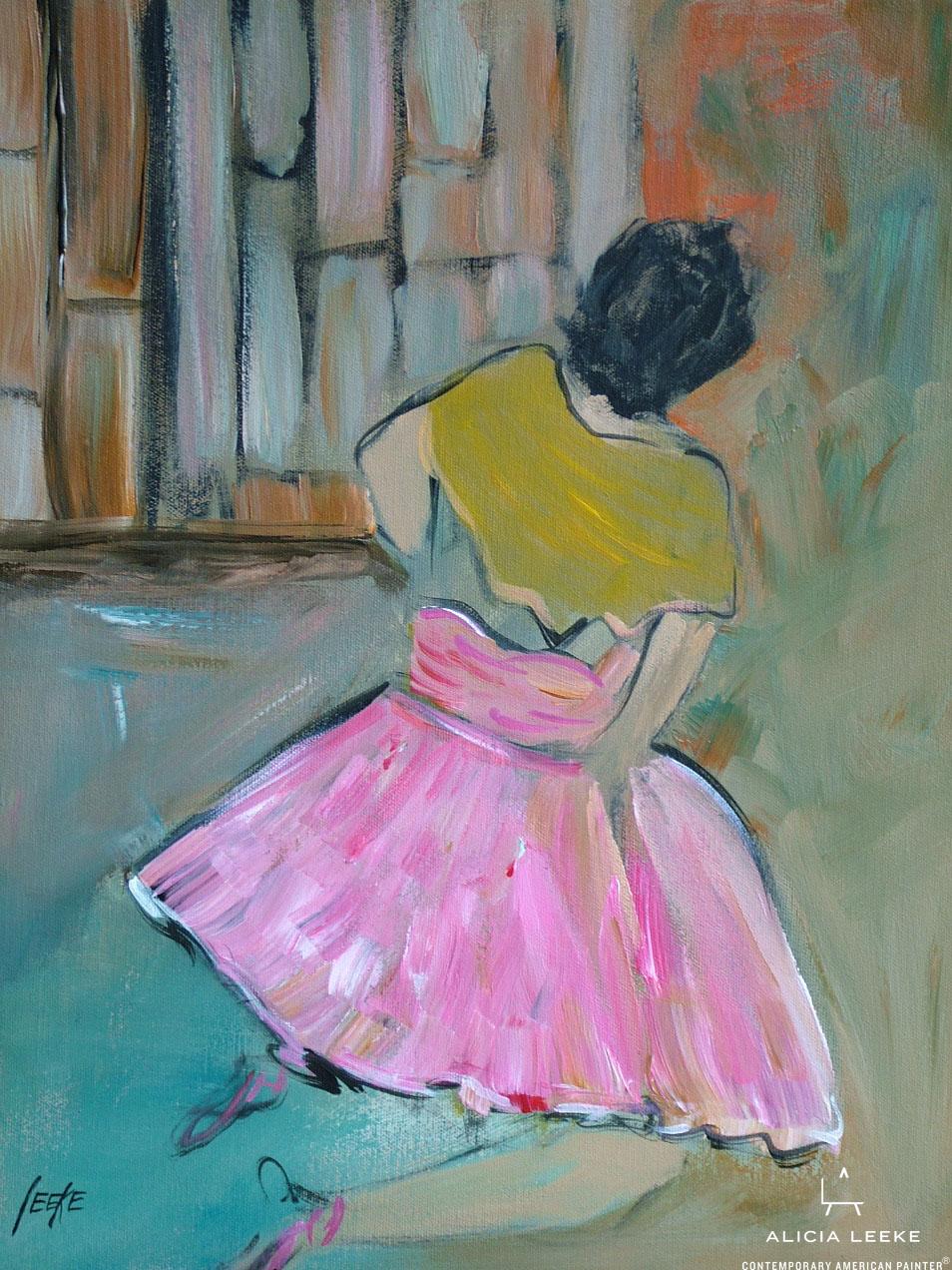 The Warm Up unframed print features a dancer in a pink costume by contemporary American painter Alicia Leeke