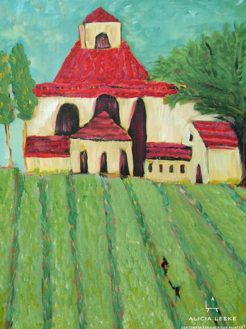 Tuscan Villa unframed print features an Italian villa with red roof by contemporary painter Alicia Leeke