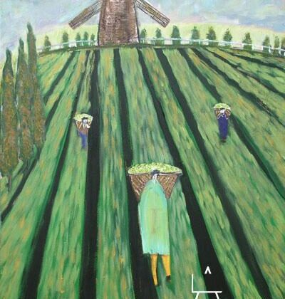 Vintner's Harvest unframed print features workers gathering grapes with a windmill in the background by contemporary painter Alicia Leeke