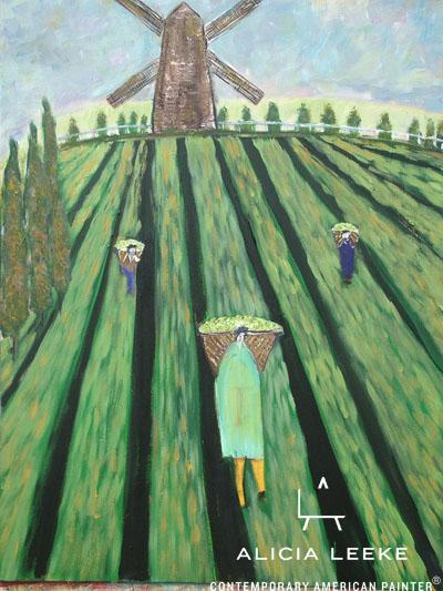 Vintner's Harvest unframed print features workers gathering grapes with a windmill in the background by contemporary painter Alicia Leeke