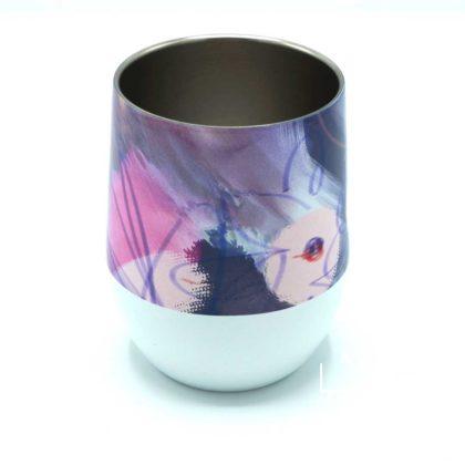 Artistic stemless wine glass with durable gloss exterior and double walled stainless steel interior to keep drinks hot or cold