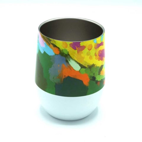 Abstract Garden Artistic stemless wine glass with durable gloss exterior and double walled stainless steel interior to keep drinks hot or cold