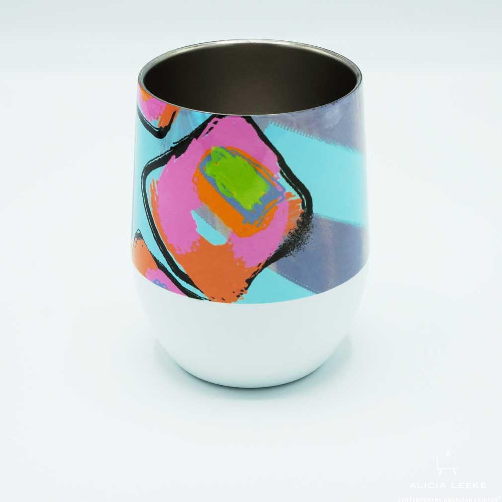 Culture Cube Artistic stemless wine glass with durable gloss exterior and double walled stainless steel interior to keep drinks hot or cold