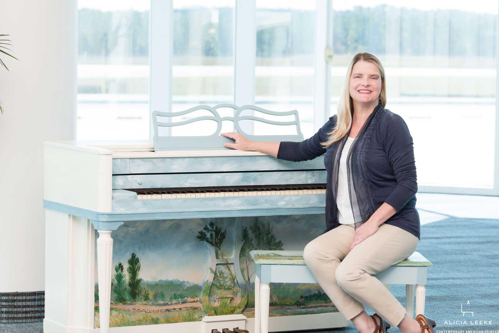 Impressionist landscape mural on piano by contemporary American artist Alicia Leeke