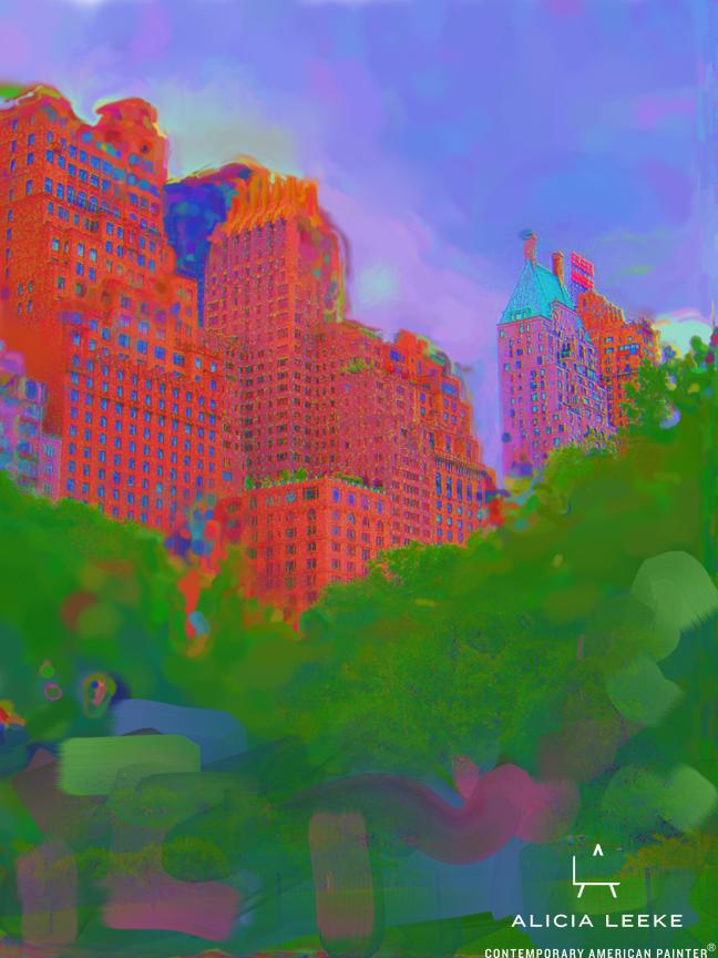 Digital mixed media cityscape of Central Park NY by contemporary American artist Alicia Leeke