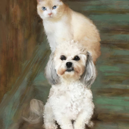 Custom mixed media portrait of both your pets, a dog and a cat, by contemporary American painter Alicia Leeke