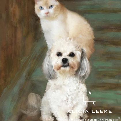 Custom mixed media portrait of both your pets, a dog and a cat, by contemporary American painter Alicia Leeke