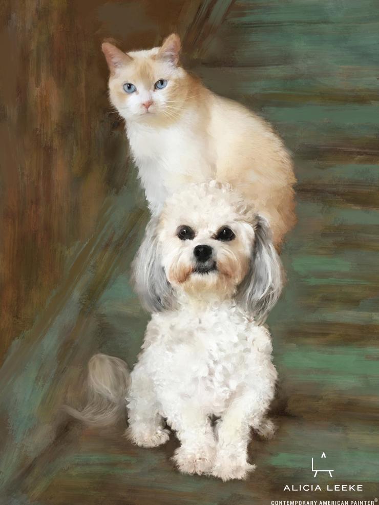 Custom mixed media portrait of both your pets, a dog and a cat, by contemporary American painter Alicia Leeke