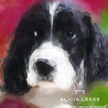 Mixed media portrait of a pet spaniel puppy by contemporary American painter Alicia Leeke