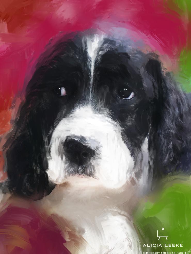 Mixed media portrait of a pet spaniel puppy by contemporary American painter Alicia Leeke