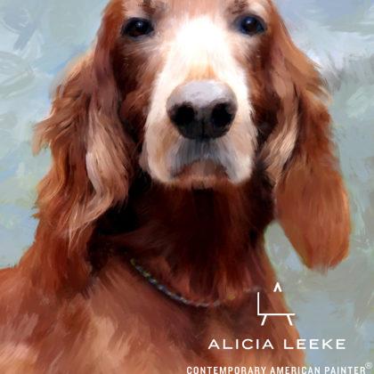 Mixed media portrait of an Irish Setter dog by contemporary American painter Alicia Leeke