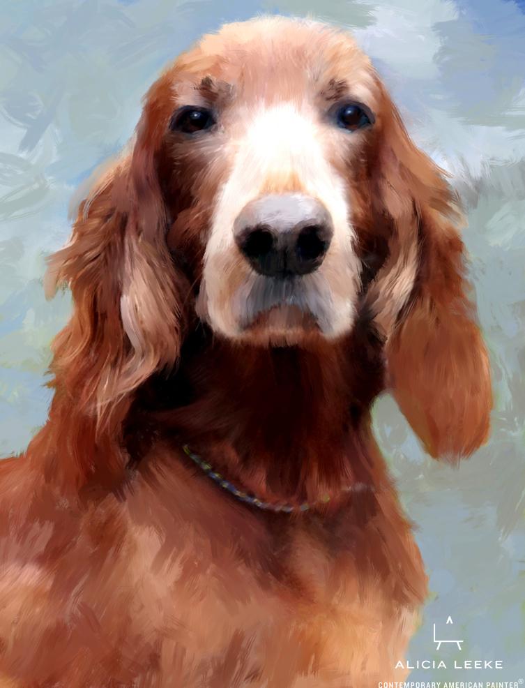 Mixed media portrait of an Irish Setter dog by contemporary American painter Alicia Leeke