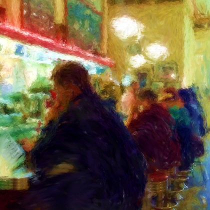 Impressionist cityscape painting of diner counter in digital mixed media by contemporary American painter Alicia Leeke