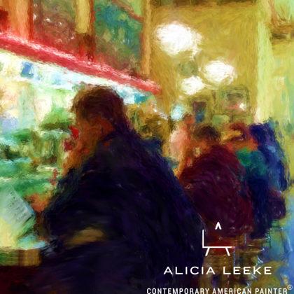 Impressionist cityscape painting of diner counter in digital mixed media by contemporary American painter Alicia Leeke