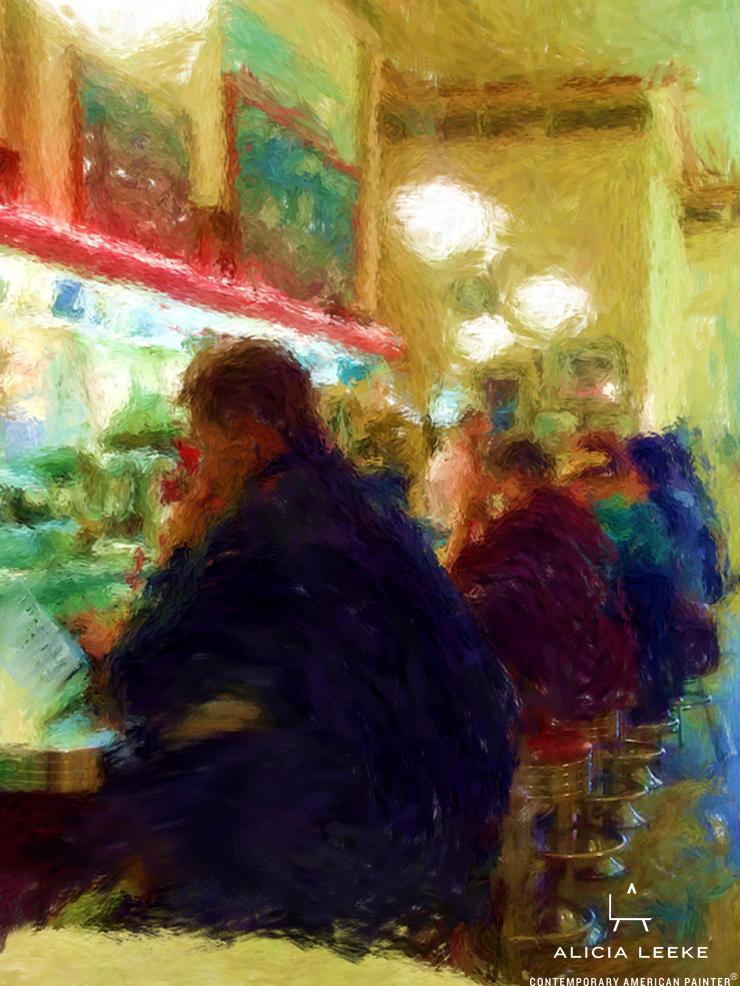 Impressionist cityscape painting of diner counter in digital mixed media by contemporary American painter Alicia Leeke