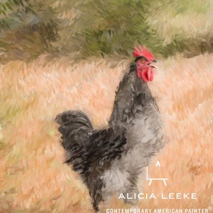 Mixed media portrait of a rooster by contemporary American painter Alicia Leeke