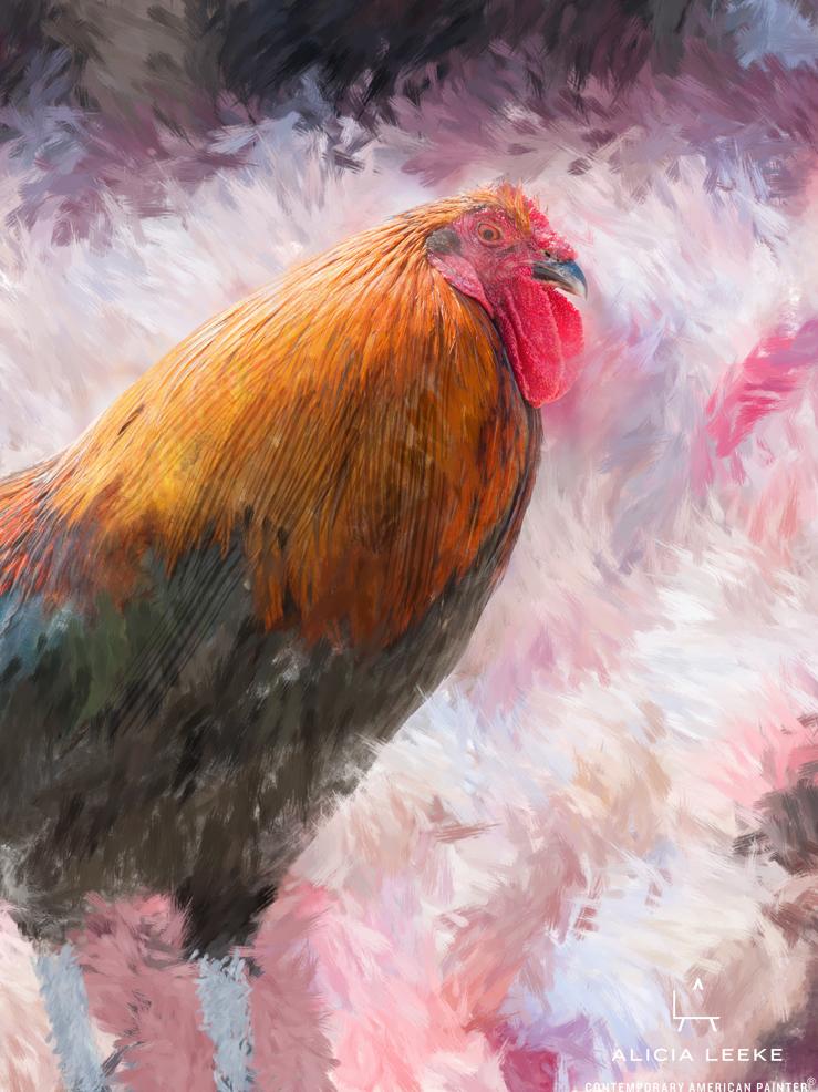 Mixed media portrait of a rooster by contemporary American painter Alicia Leeke
