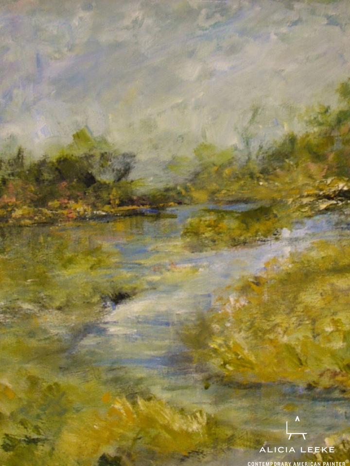 Modern impressionist abstract landscape acrylic on paper by South Carolina artist Alicia Leeke