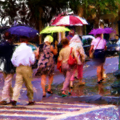 Digital mixed media of unbrellas on a Manhattan street by contemporary American artist Alicia Leeke
