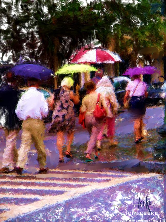 Digital mixed media of unbrellas on a Manhattan street by contemporary American artist Alicia Leeke