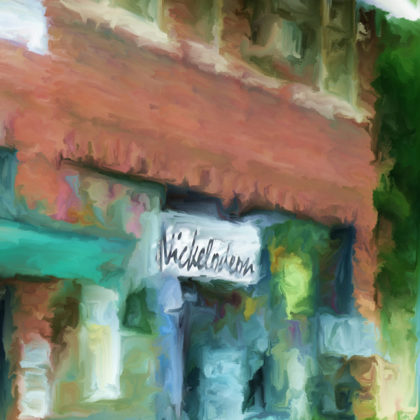 Impressionistic cityscape in digital mixed media of the old Nickelodeon theater in downtown Columbia SC by South Carolina artist Alicia Leeke