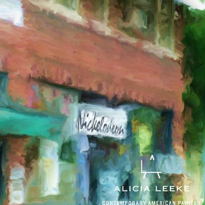 Impressionistic cityscape in digital mixed media of the old Nickelodeon theater in downtown Columbia SC by South Carolina artist Alicia Leeke