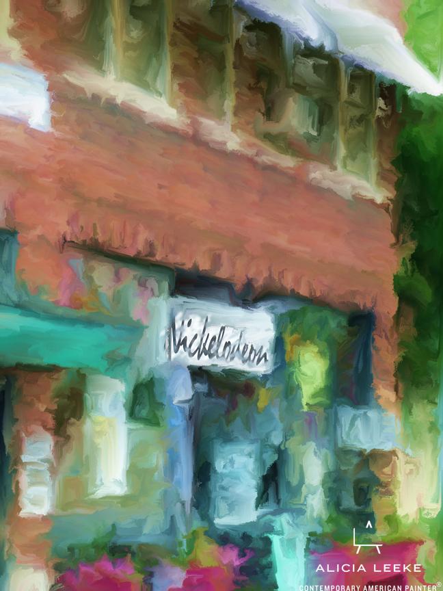 Impressionistic cityscape in digital mixed media of the old Nickelodeon theater in downtown Columbia SC by South Carolina artist Alicia Leeke