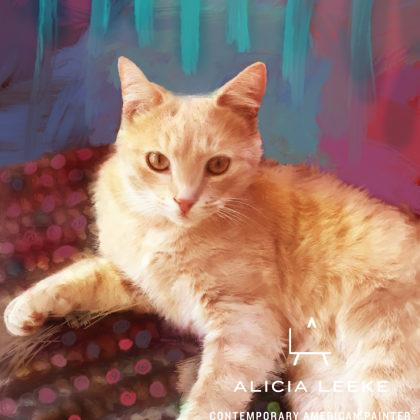 Mixed media portrait of a pet tabby cat by contemporary American painter Alicia Leeke