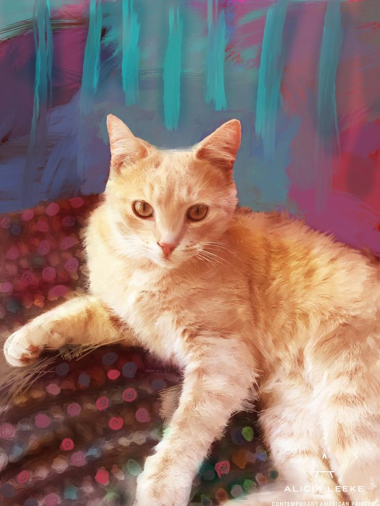 Mixed media portrait of a pet tabby cat by contemporary American painter Alicia Leeke