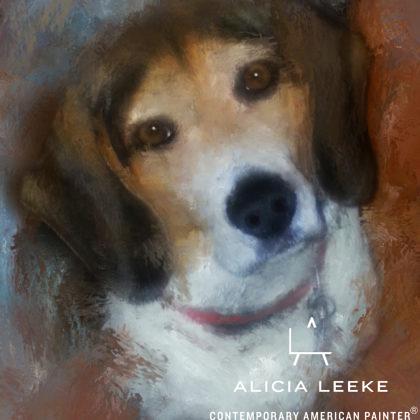 Mixed media portrait of a pet beagle by contemporary American painter Alicia Leeke