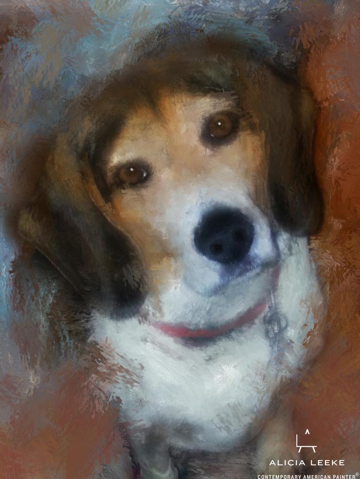 Mixed media portrait of a pet beagle by contemporary American painter Alicia Leeke