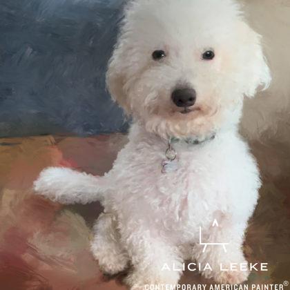 Mixed media portrait of a white fluffy pet dog by contemporary American painter Alicia Leeke