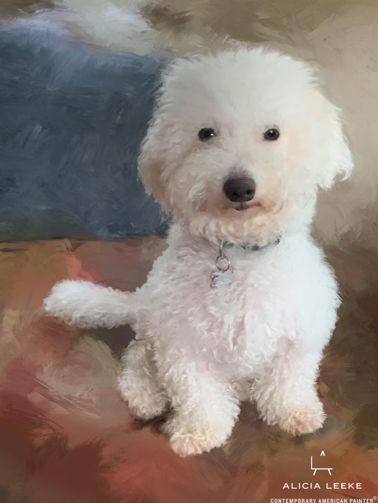 Mixed media portrait of a white fluffy pet dog by contemporary American painter Alicia Leeke