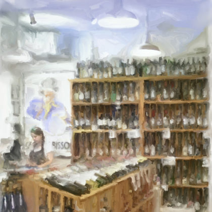 Impressionistic digital mixed media of a wine store by contemporary American artist Alicia Leeke