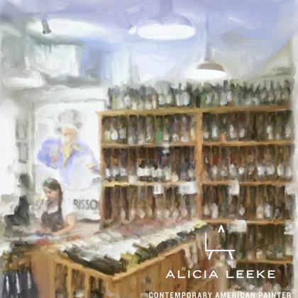 Impressionistic digital mixed media of a wine store by contemporary American artist Alicia Leeke